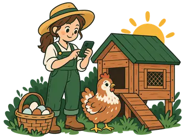 A farmer checking her phone beside a backyard coop, with a hen and a basket of eggs