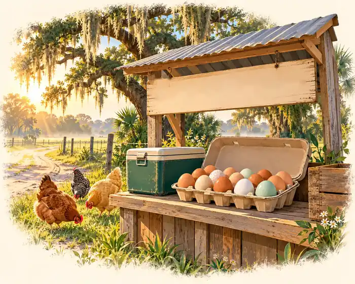 A roadside egg stand under a live oak at sunrise, with an open carton of brown, speckled, cream and blue eggs and hens in the grass