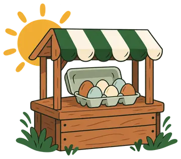 A farm egg stand with a striped awning and a carton of brown, blue and cream eggs